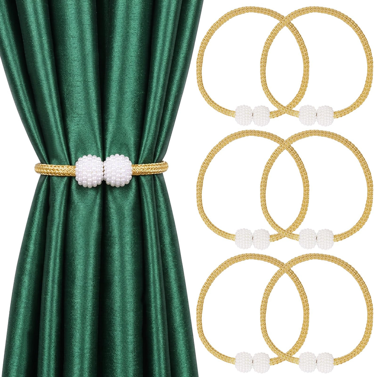6 Pack Grey Magnetic Curtain Tiebacks with Decorative Pearl, 18.9 inch Curtain Holdbacks for Drapes, Strong Magnet Curtain Holders for Window Treatments, Home and Office Decor