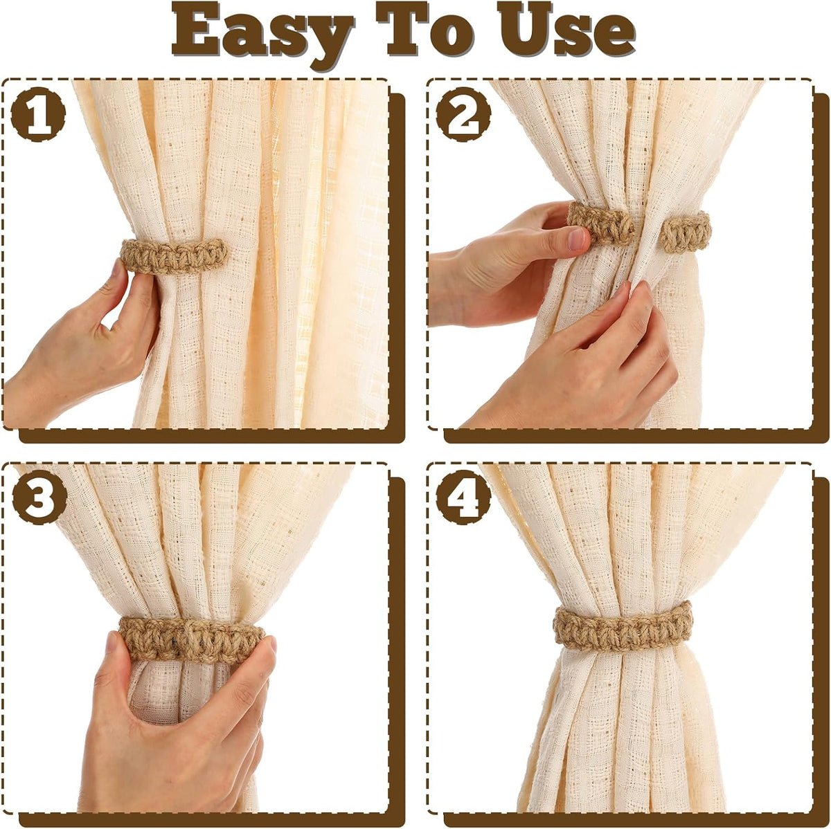 8 Pack Braided Curtain Tieback Rustic Drapes Holdback Boho Curtain Tie Backs Farmhouse Curtains Tie Holder Handmade Drape Rope Tieback for Home Office Sheer Weight Decor Drapery Straps Indoor