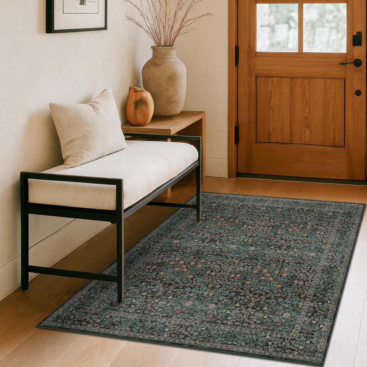 Floral Dark Green Washable Area Rugs 8x10, Vintage Living Room Rug