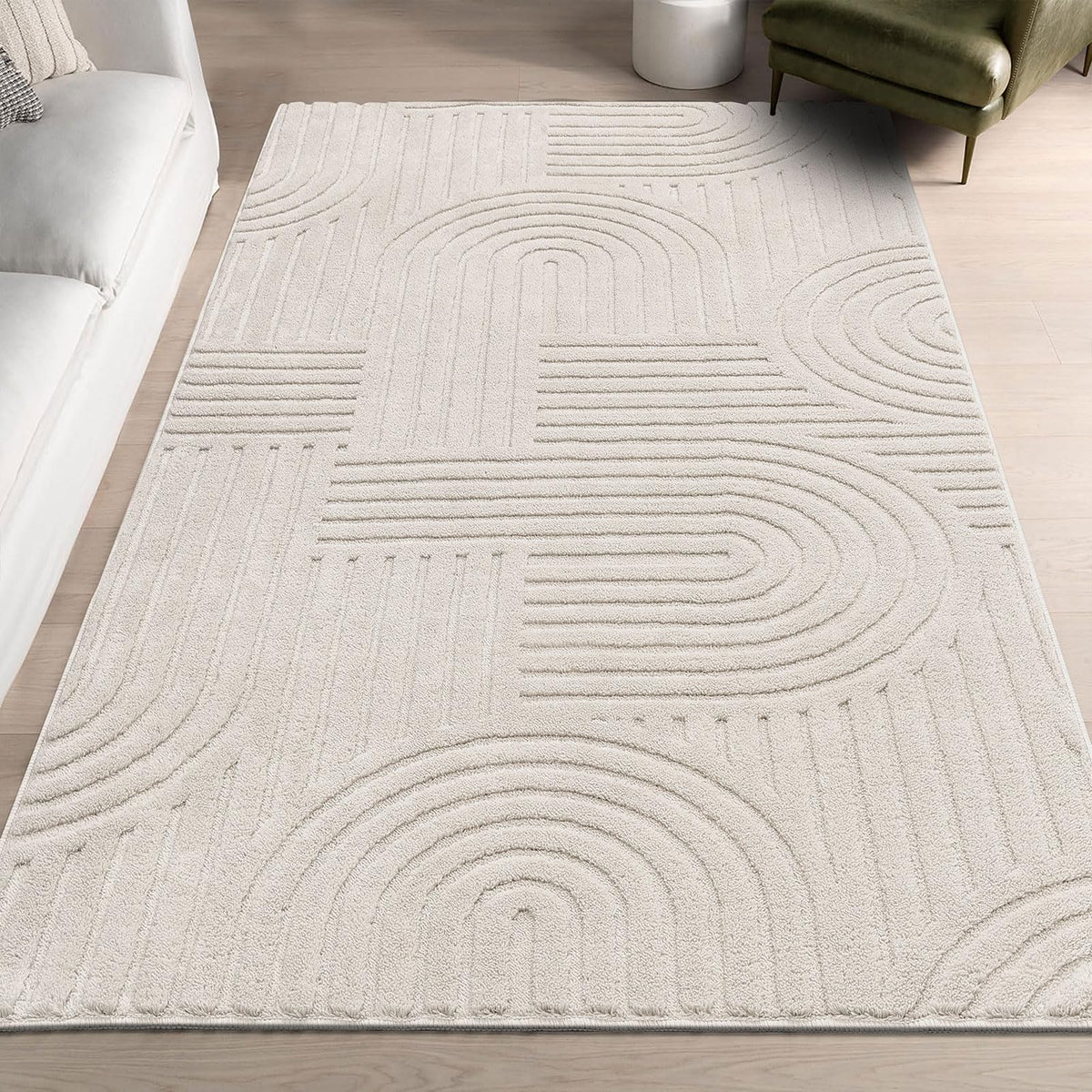 SHACOS Soft Cozy Fluffy Arch Pattern High-Low Pile Textured Area Rug 5'3"x7'3" Non Slip Washable Modern Geometric Rug Stain Resistant Contemporary Carpet for Living Room Bedroom Dining Room, Beige