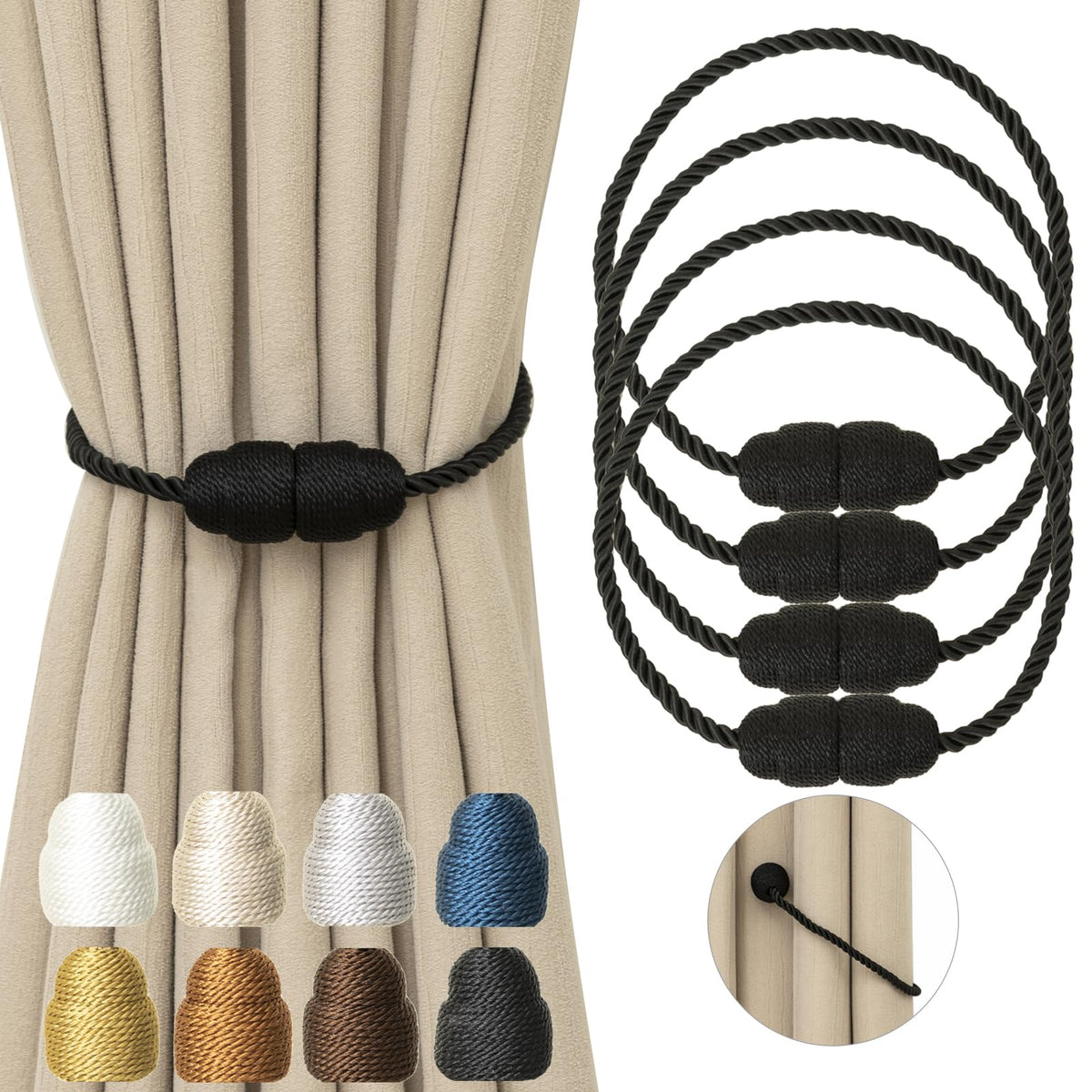 Magnetic Curtain Tiebacks Rope Curtain Tie Backs for Curtains 6 Pack Curtain Holders for Drapes Decorative Window Curtain Holdbacks, Gold