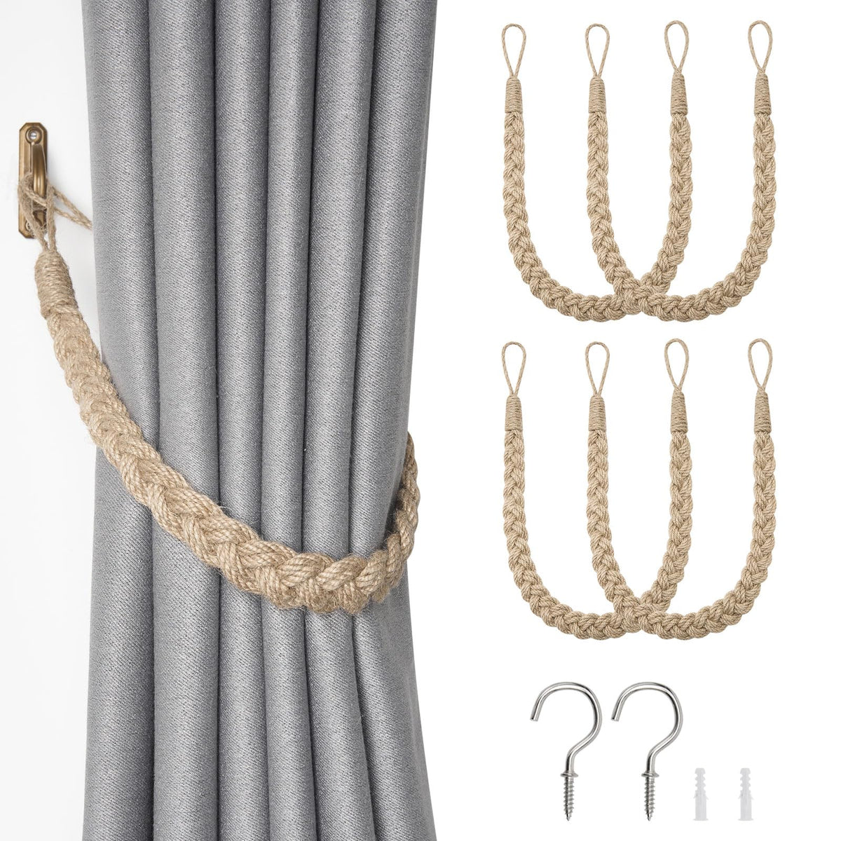 NICEEC 2 Pack Natural Cotton Rope Curtain Tiebacks Elegant Boho Style Decorative Drape Tie Backs Soft Hand-Woven Rope Curtain Holdbacks with Metal Hook for Home & Office Drapery (Coffee)