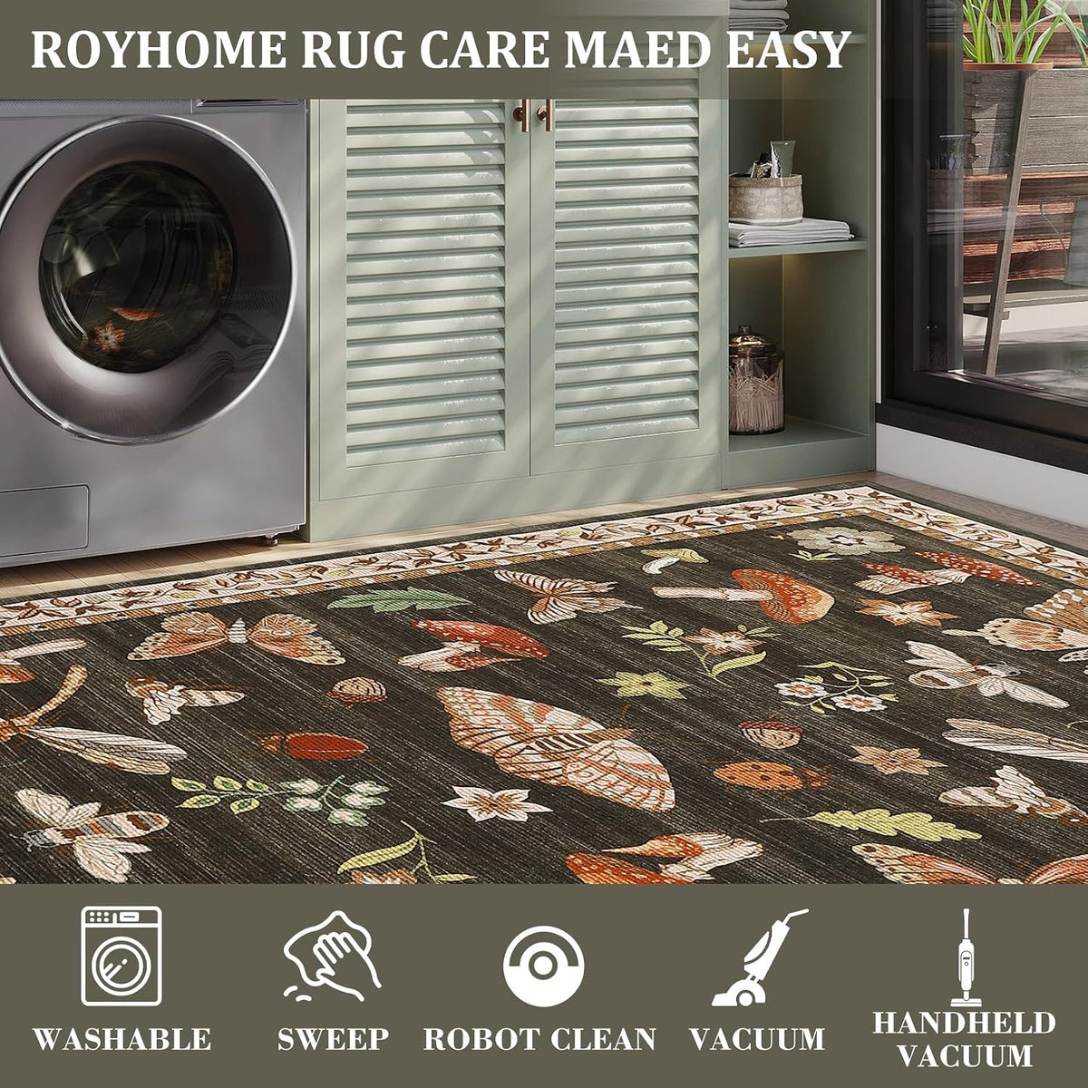 ROYHOME Mushroom Insect Washable Rug 5x7 for Bedroom Living Room Brown