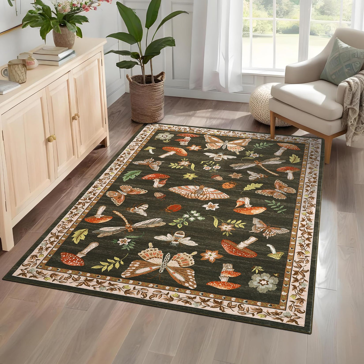 ROYHOME Mushroom Insect Washable Rug 5x7 for Bedroom Living Room Brown