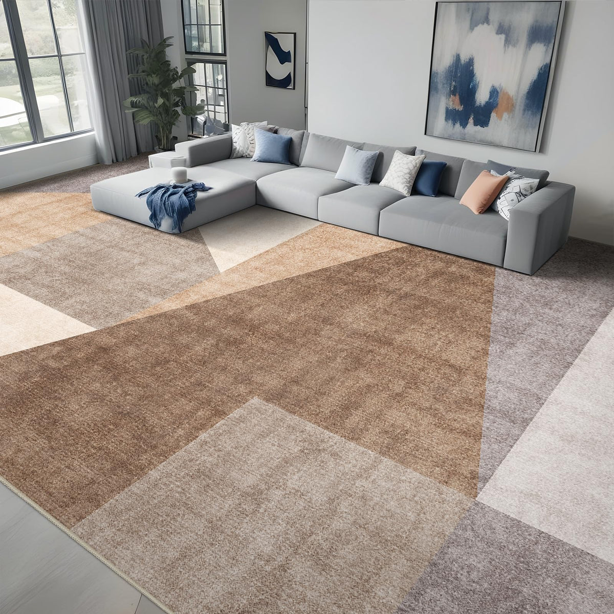 5x7 Washable Area Rug for Living Room - Non-Slip Geometric Rugs Blue Grey
