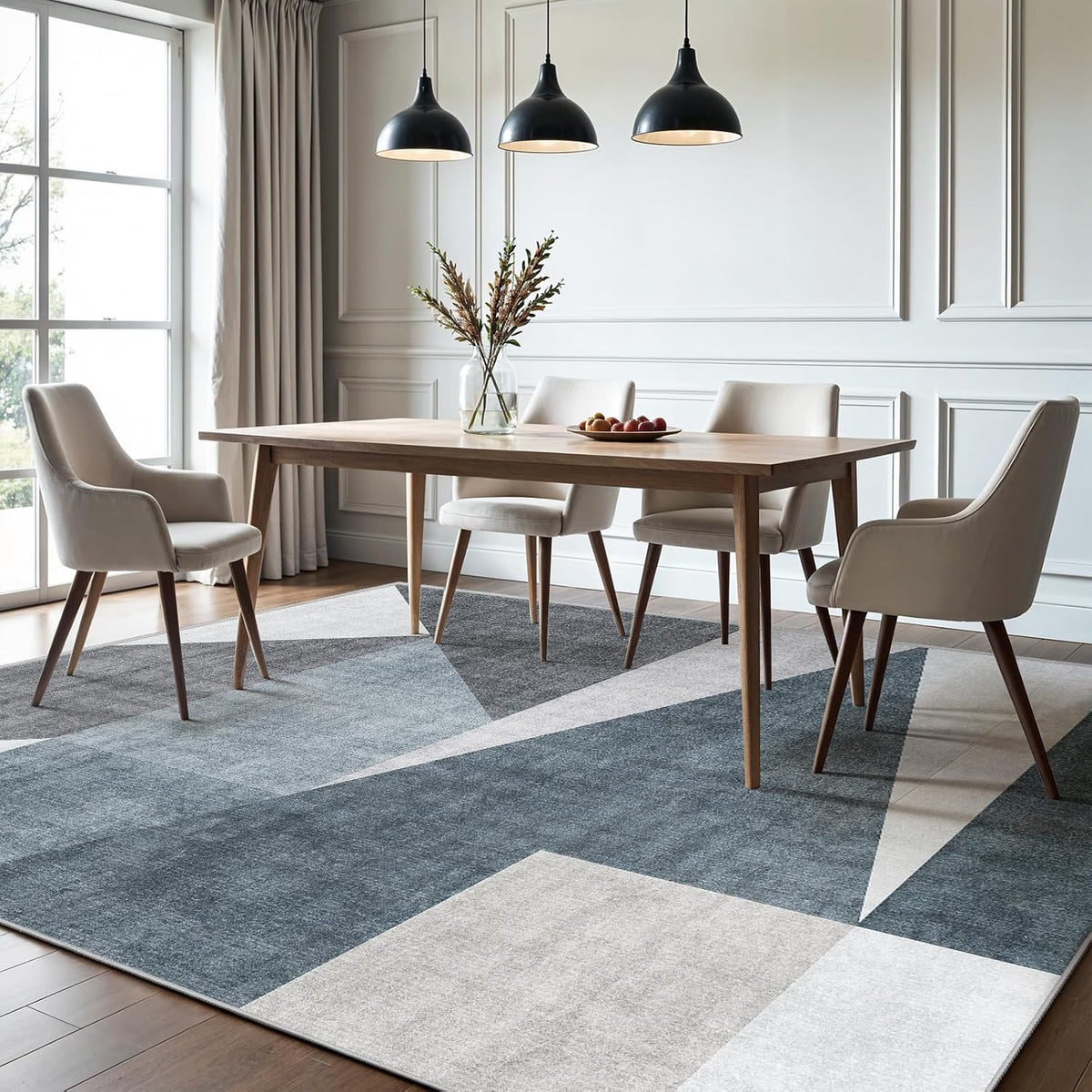 5x7 Washable Area Rug for Living Room - Non-Slip Geometric Rugs Blue Grey
