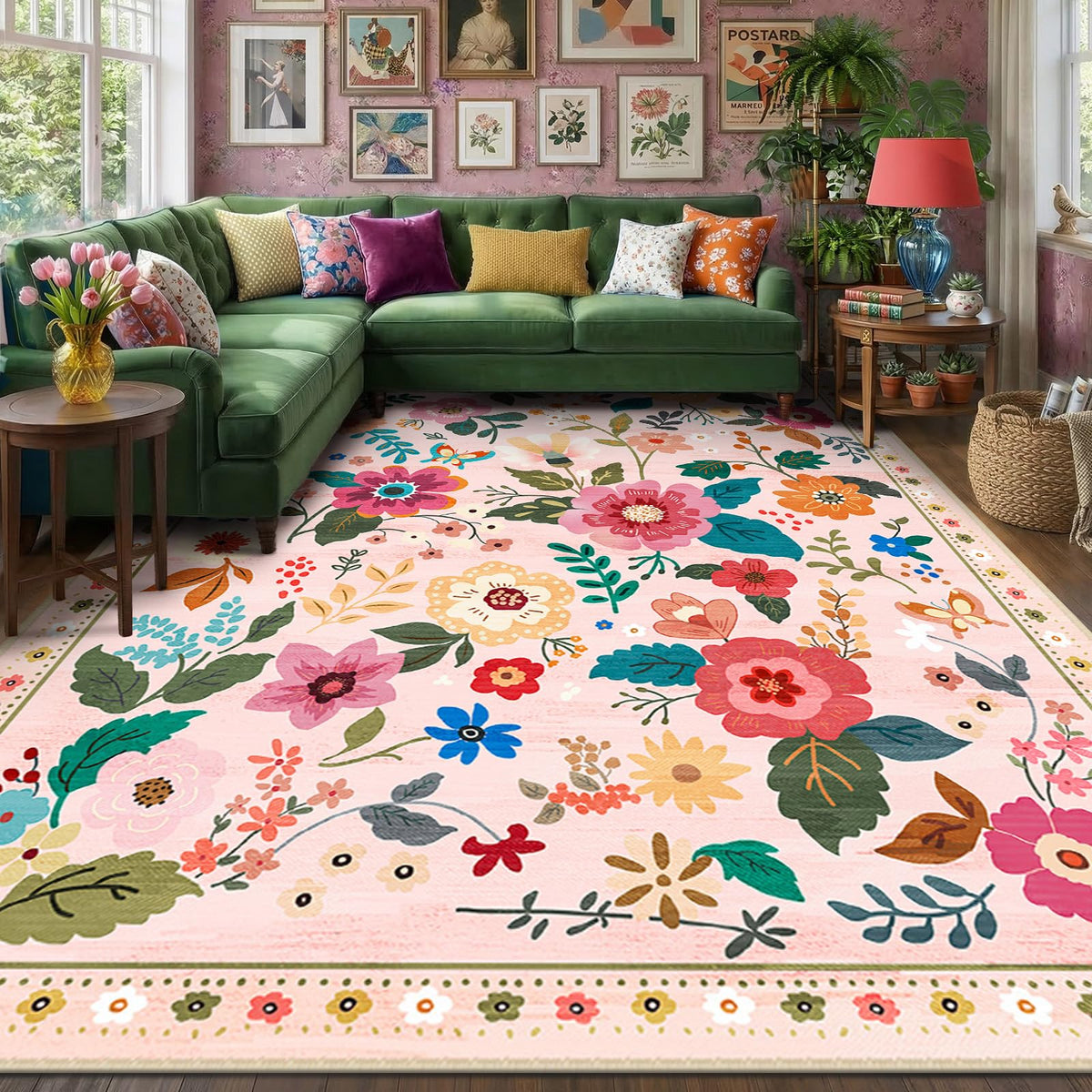 RELEANY Floral Washable 5x7 Area Rugs Black