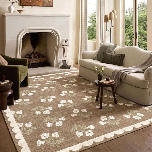 8x10 Area Rug for Living Room - Soft Washable Boho Bedroom Rug Non Slip Stain Resistant Tan Cottage Neutral Farmhouse Floral Scalloped Rugs for Bedroom Nursery Dining Room Rugs Under Table