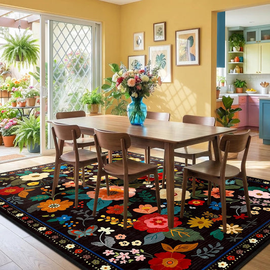 RELEANY Floral Washable 5x7 Area Rugs Black