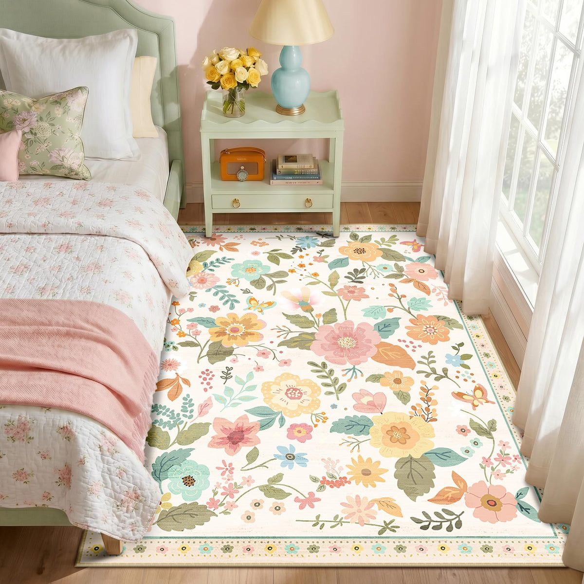 RELEANY Floral Washable 5x7 Area Rugs Black