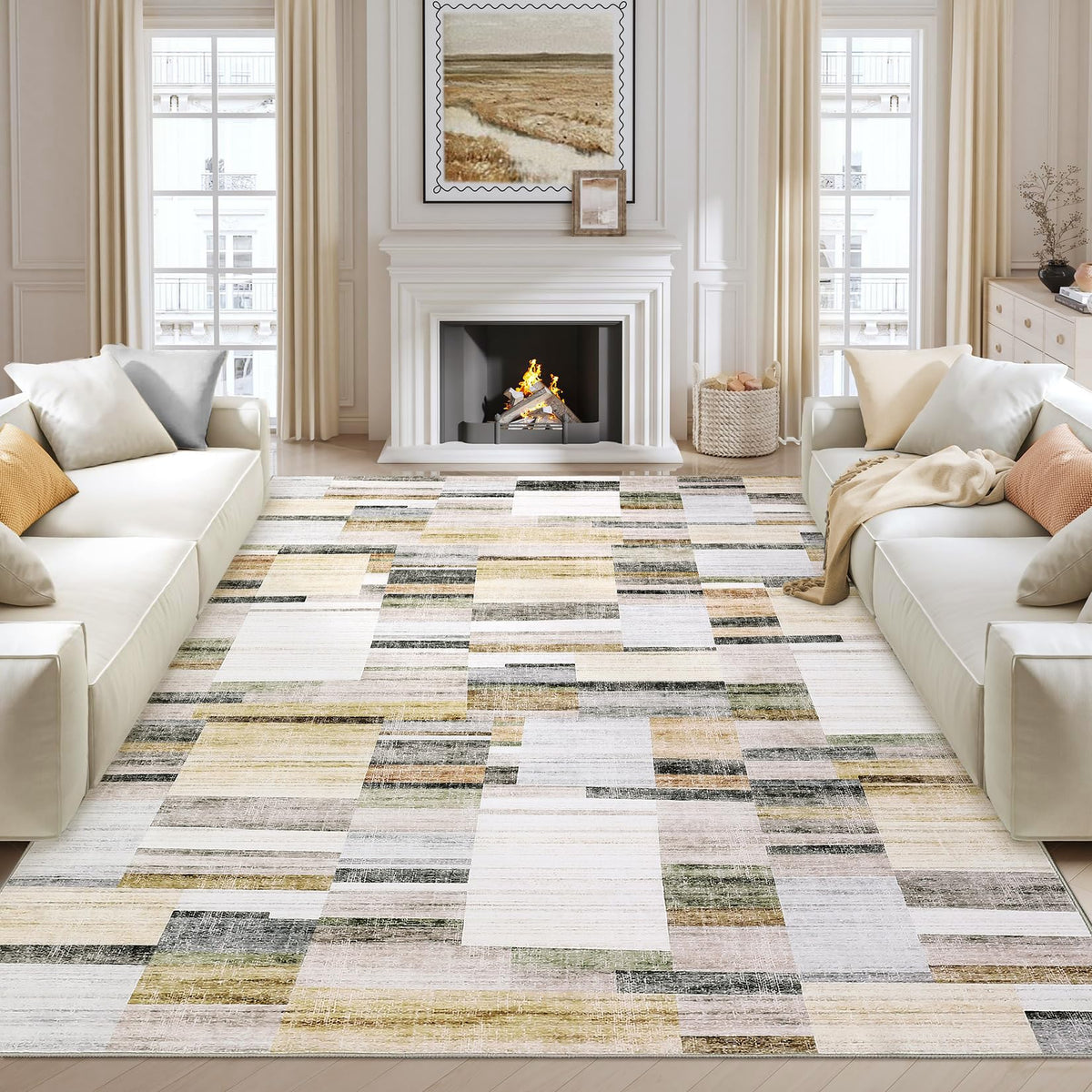 Large Living Room Rugs 8x10 Area Rugs Machine Washable Modern Geometric Neutral Rug Non Slip Low Pile Farmhouse Stain Resistant Carpet for Bedroom Nursery Classroom Dorm 8'x10' Multi