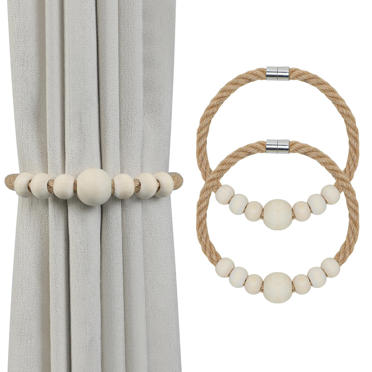 Magnetic Curtain Tiebacks, 2 Pack Jute Curtain Holdbacks, Elegant Hand Weave Rope Knot Curtain Tie Backs, Boho Curtain Tiebacks for Bedroom Room Nursery Decor