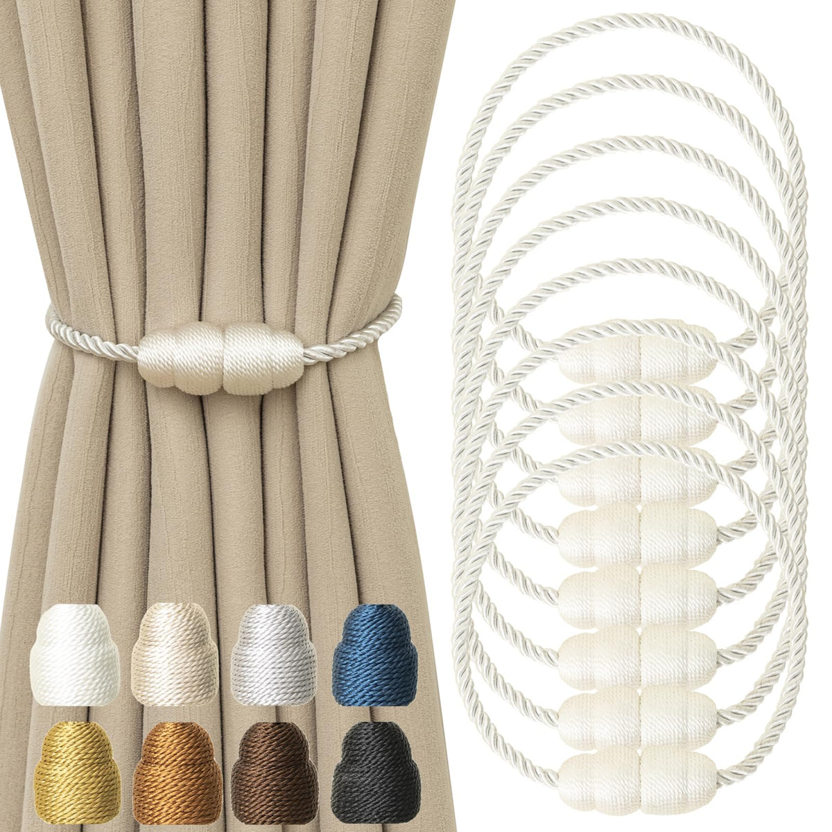 Magnetic Curtain Tiebacks Rope Curtain Tie Backs for Curtains 6 Pack Curtain Holders for Drapes Decorative Window Curtain Holdbacks, Gold