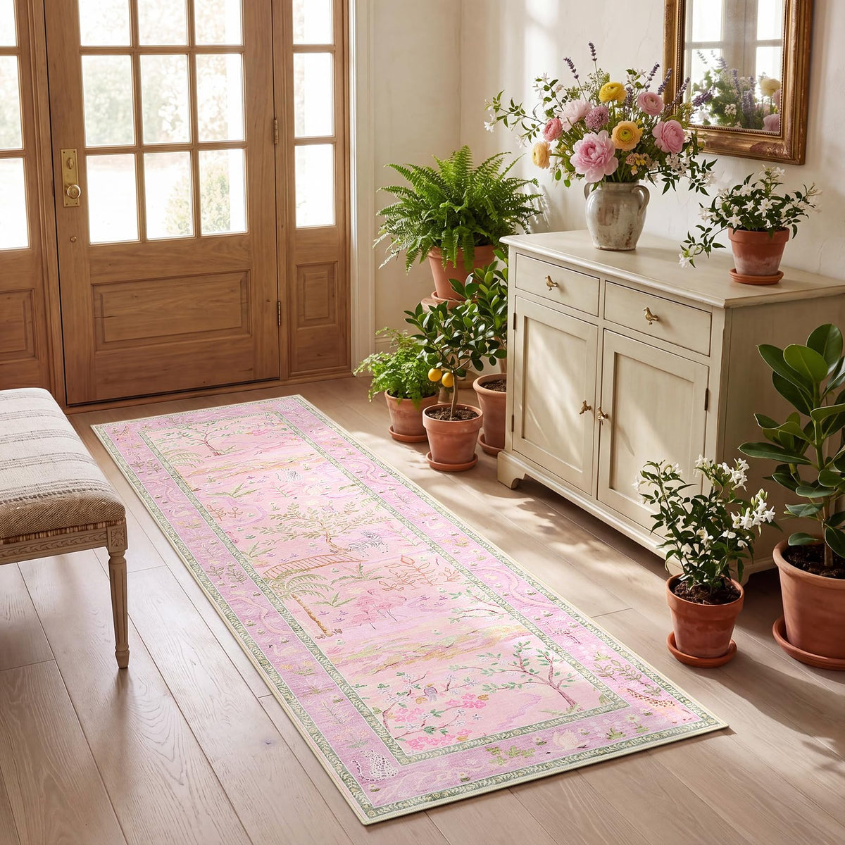 Washable Area Rug 5x7 Green Animal Print Rugs for Nursery Non Slip Stain Resistant Forest Fairy Tale Throw Carpet Low Pile Whimsical Safari Area Rugs for Entryway Girls Bedroom Dining Room, Green