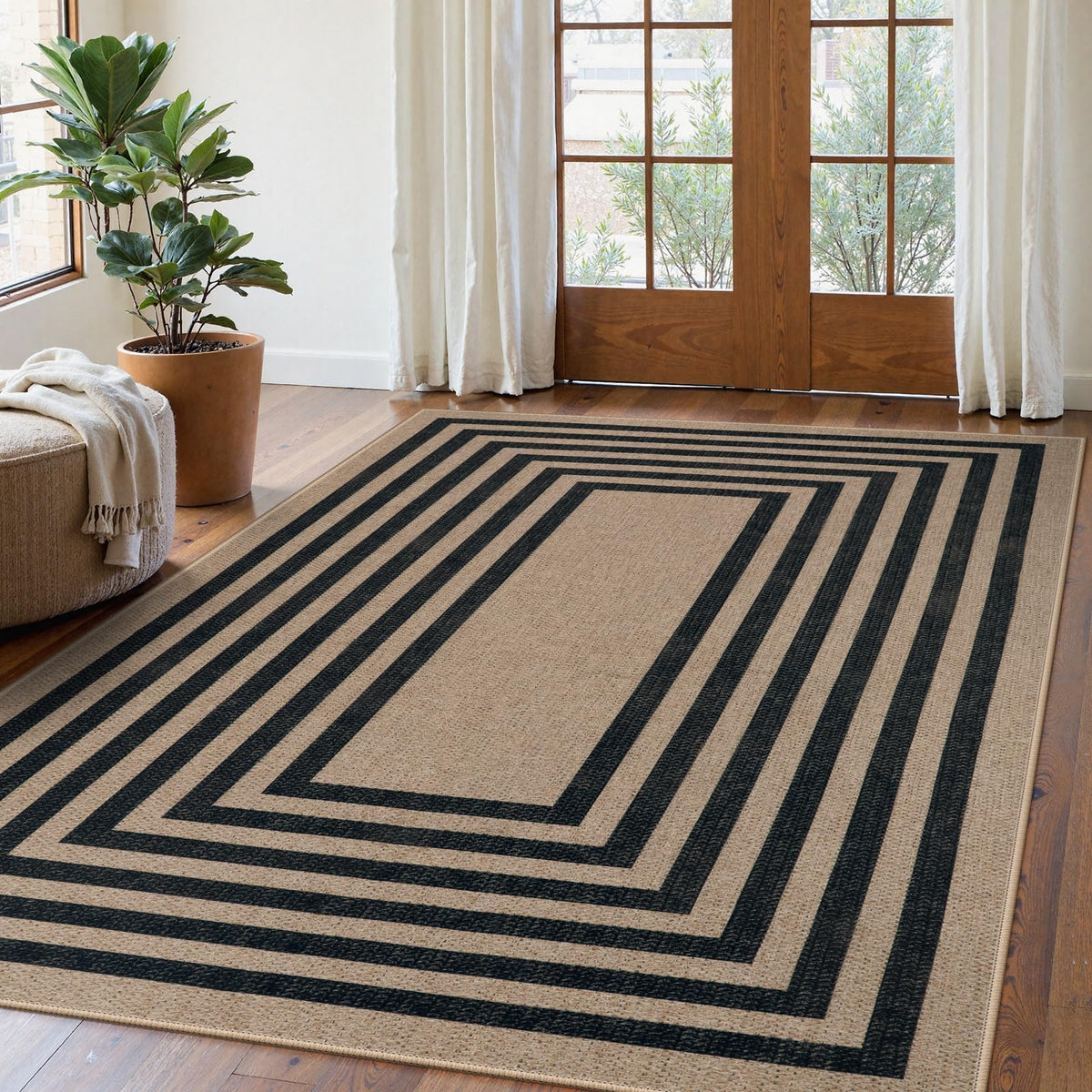 Lahome Modern Rainbow Easy Jute Carpet, Washable 5x7 Area Rugs for Living Room Patio Black Farmhouse Indoor Outdoor Rugs, Contemporary Natural Non Slip Floor Carpet for Office RV Backyard