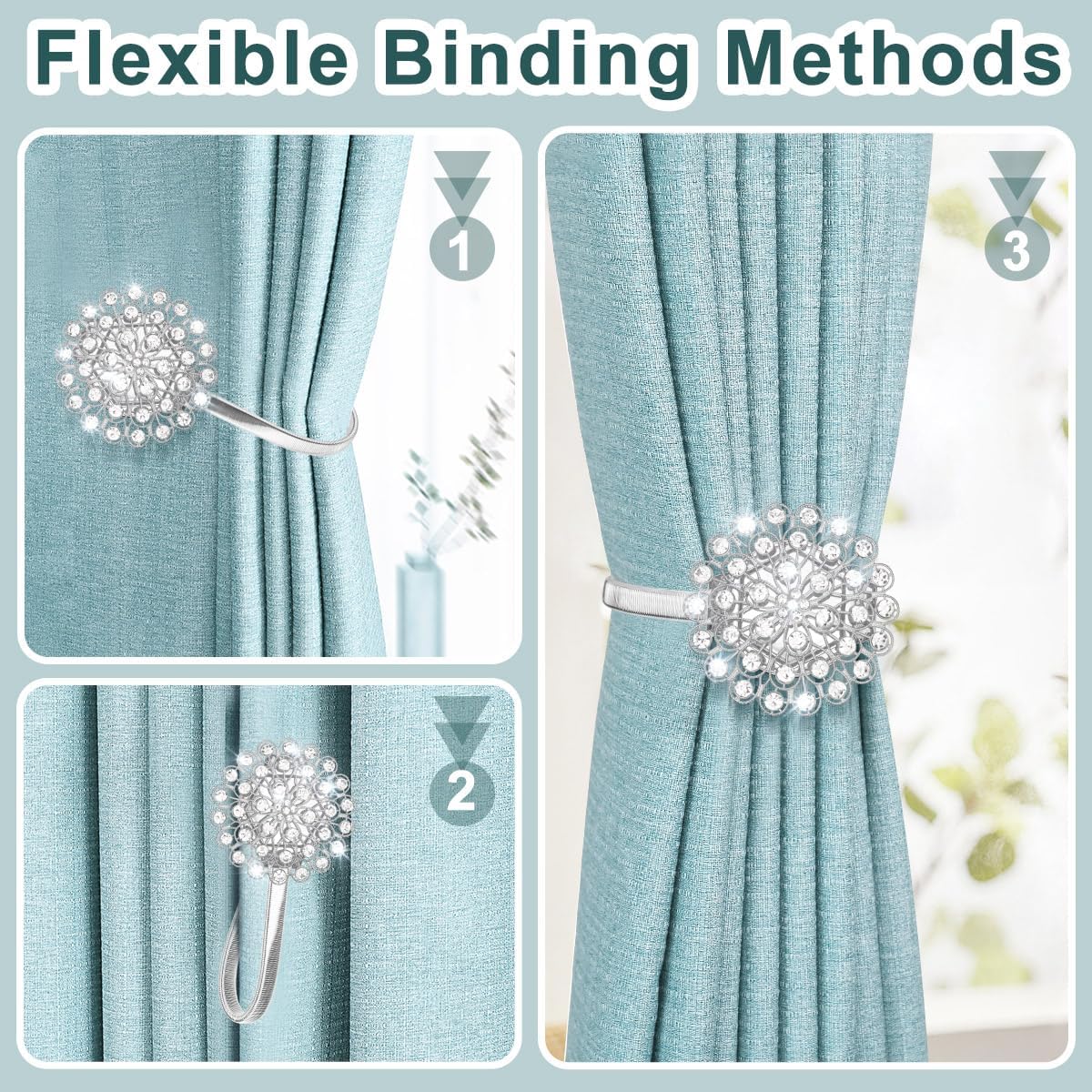 AULEEP Magnetic Curtain Tiebacks Crystal Curtain Ties Holdbacks, 4 Pack