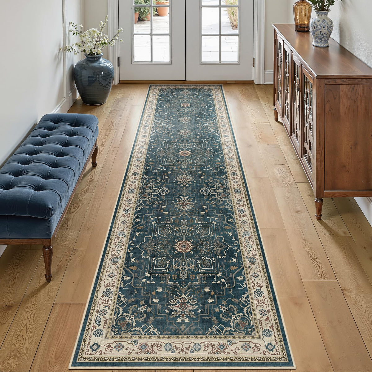 Vintage Distressed 5x7 Area Rugs for Living Room Bedroom Non Slip Washable, Medallion Pattern Printed Low Pile Thin Carpet Rugs for Dining Room/Kitchen/Home Office, Multi Brown Olive Accents