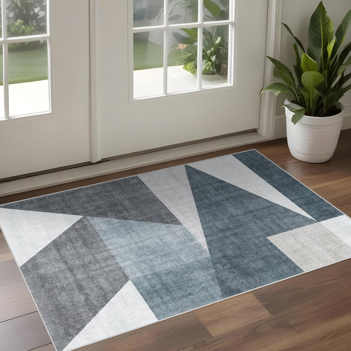 5x7 Washable Area Rug for Living Room - Non-Slip Geometric Rugs Blue Grey