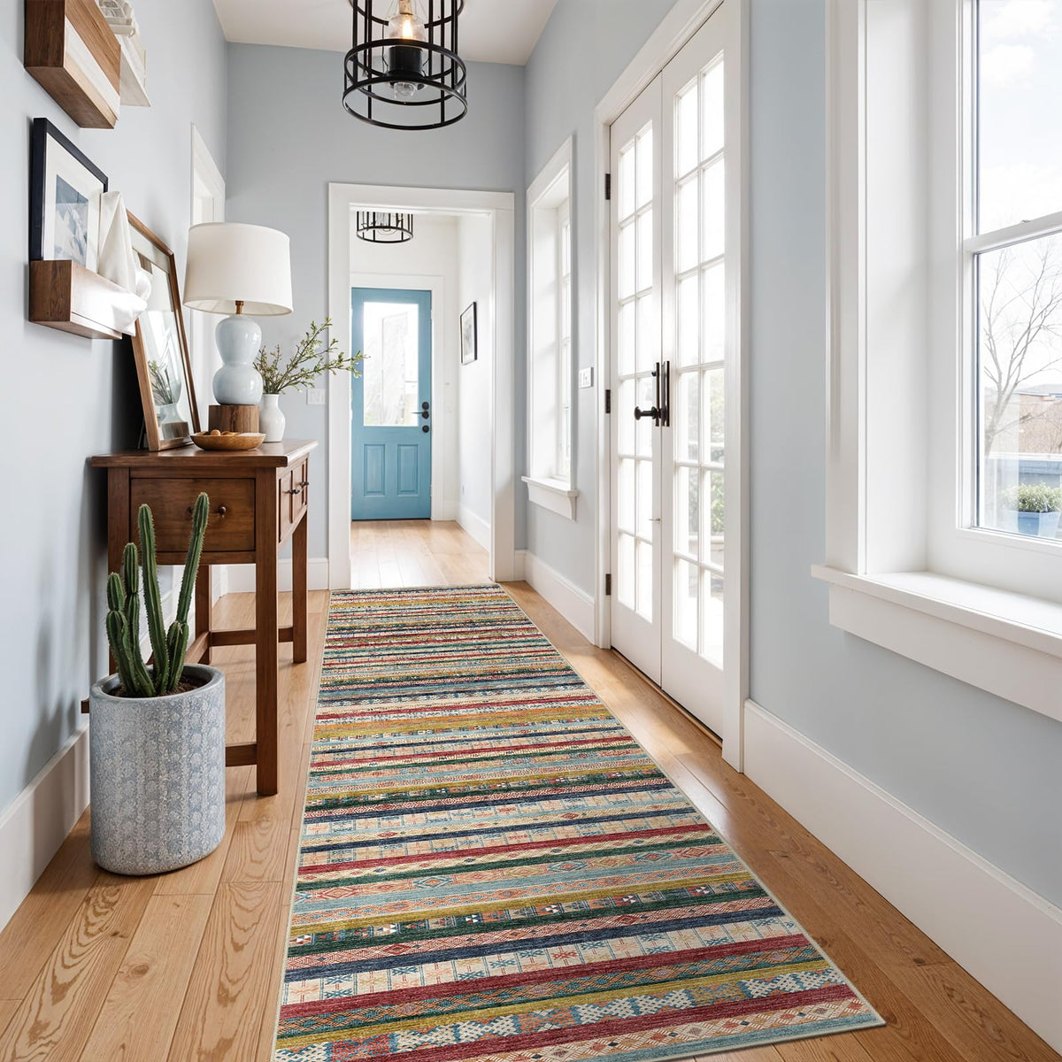 5x7 Washable Area Rug for Living Room - Non-Slip Geometric Rugs Blue Grey