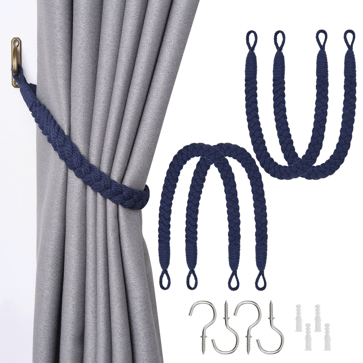 NICEEC 2 Pack Natural Cotton Rope Curtain Tiebacks Elegant Boho Style Decorative Drape Tie Backs Soft Hand-Woven Rope Curtain Holdbacks with Metal Hook for Home & Office Drapery (Coffee)