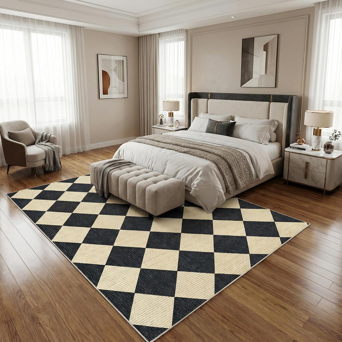 GarveeHome 5x7 Checkered Area Rug Black and Brown Washable Living Room Rug