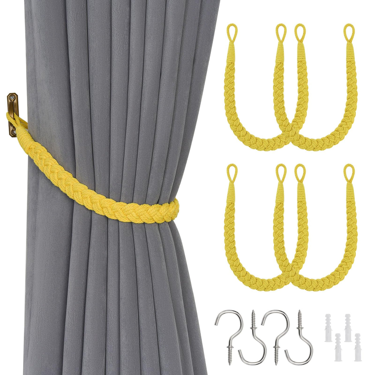 NICEEC 2 Pack Natural Cotton Rope Curtain Tiebacks Elegant Boho Style Decorative Drape Tie Backs Soft Hand-Woven Rope Curtain Holdbacks with Metal Hook for Home & Office Drapery (Coffee)
