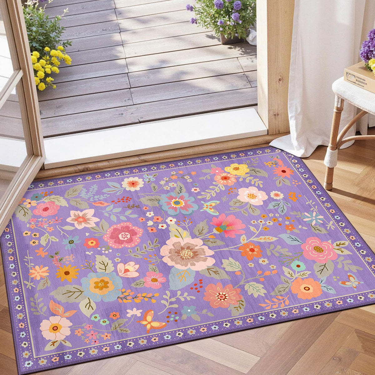RELEANY Floral Washable 5x7 Area Rugs Black