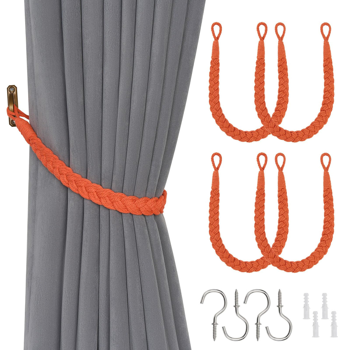 NICEEC 2 Pack Natural Cotton Rope Curtain Tiebacks Elegant Boho Style Decorative Drape Tie Backs Soft Hand-Woven Rope Curtain Holdbacks with Metal Hook for Home & Office Drapery (Coffee)