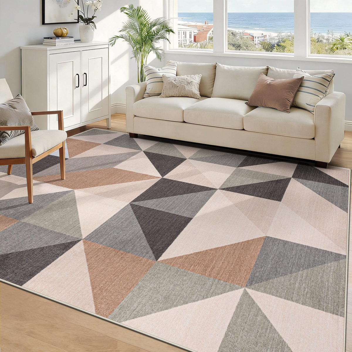 Washable Rug 8x10 Area Rugs: Modern Geometric Area Rug for Living Room Non-Slip Neutral Soft Carpet Low Pile Stain Resistant Indoor Rugs for Bedroom Nursery Dining Room Office (Beige Brown, 8'X10')