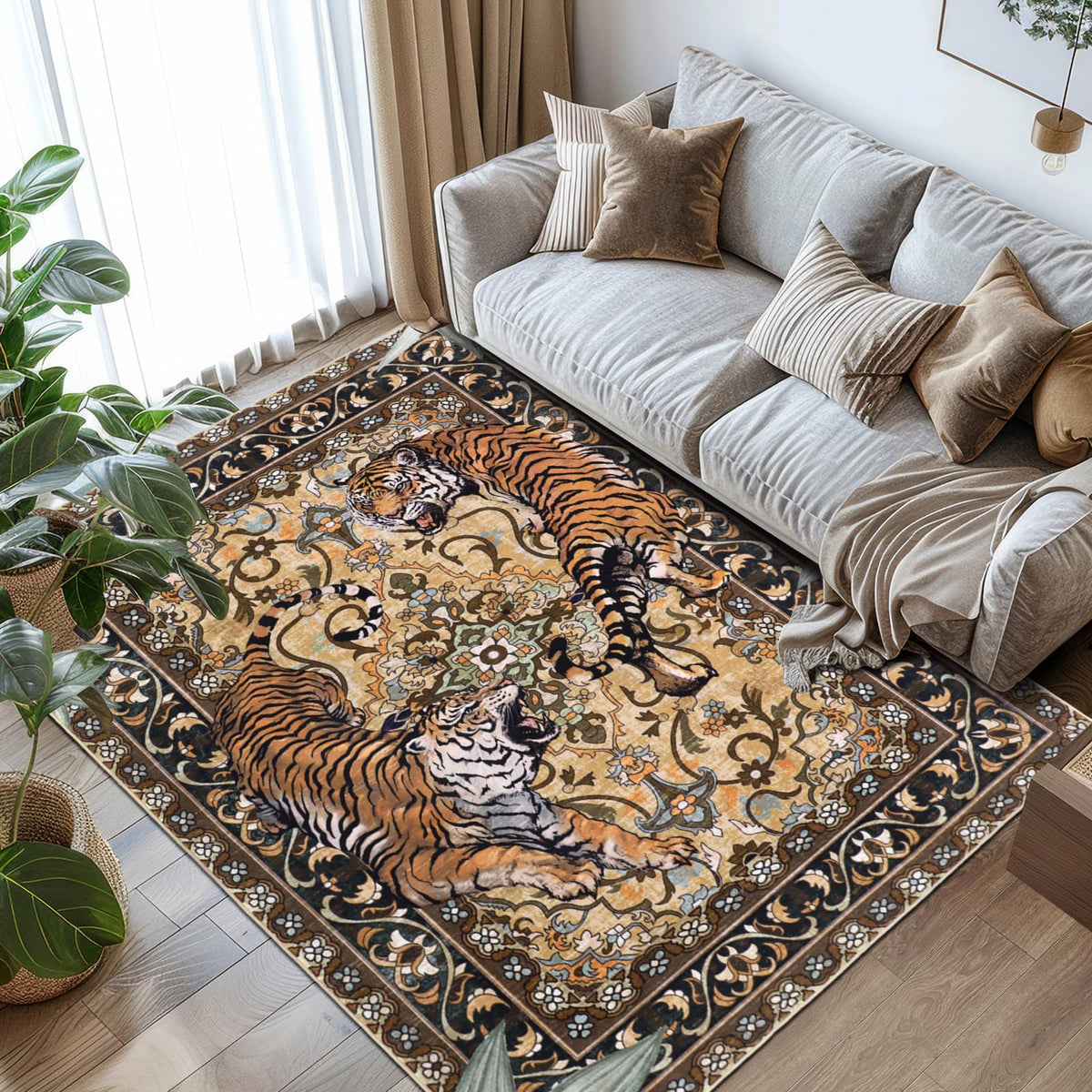 Tiger Round Area Rugs for Living Room 6ft, Boho Green Animal Print Bedroom Circle Rugs Non Slip, Washable Botanical Jungle Floor Carpet for Dining Room Entryway Nursery Playroom Office Spring