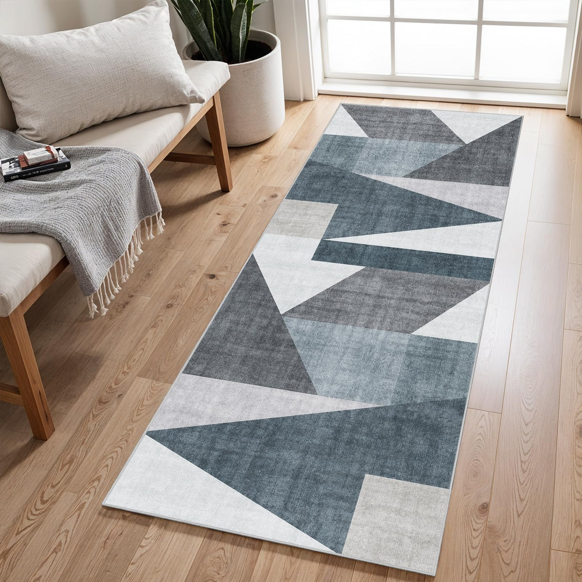 5x7 Washable Area Rug for Living Room - Non-Slip Geometric Rugs Blue Grey