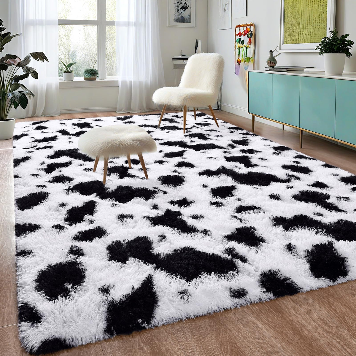 DweIke Fluffy Black White Rugs for Bedroom Living Room, 4x6 Feet Soft Plush Shaggy Cow Hide Print Girls Boys Kids Rug, Non-Slip and Machine Washable Carpet for Dorm Nursery Classroom Decor