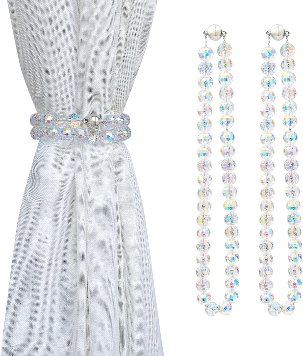 PEDOBO Magnetic Curtain Tiebacks, Faceted Disco Crystal Glass Beaded Curtain Tiebacks Drapery Shower Sheer Curtain Holdbacks Boho Farmhouse Home Decor (AB)