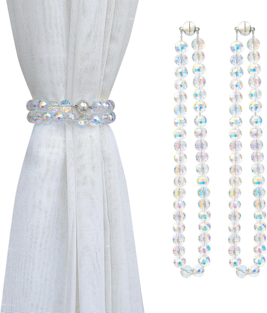 PEDOBO Magnetic Curtain Tiebacks, Faceted Disco Crystal Glass Beaded Curtain Tiebacks Drapery Shower Sheer Curtain Holdbacks Boho Farmhouse Home Decor (AB)