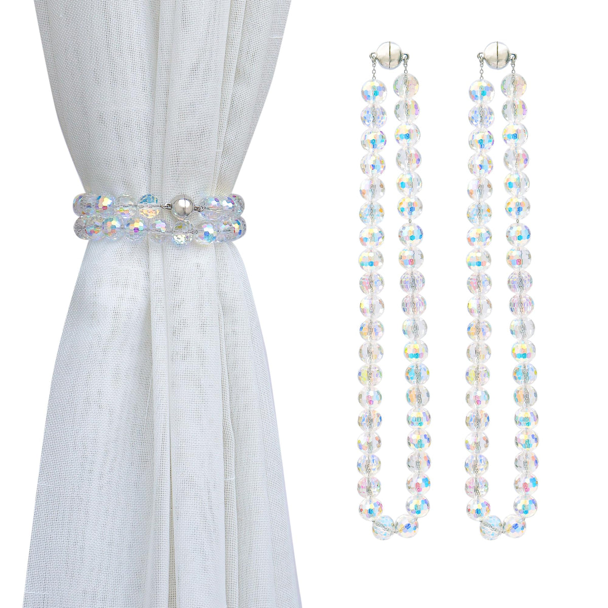 PEDOBO Magnetic Curtain Tiebacks, Faceted Disco Crystal Glass Beaded Curtain Tiebacks Drapery Shower Sheer Curtain Holdbacks Boho Farmhouse Home Decor (AB)