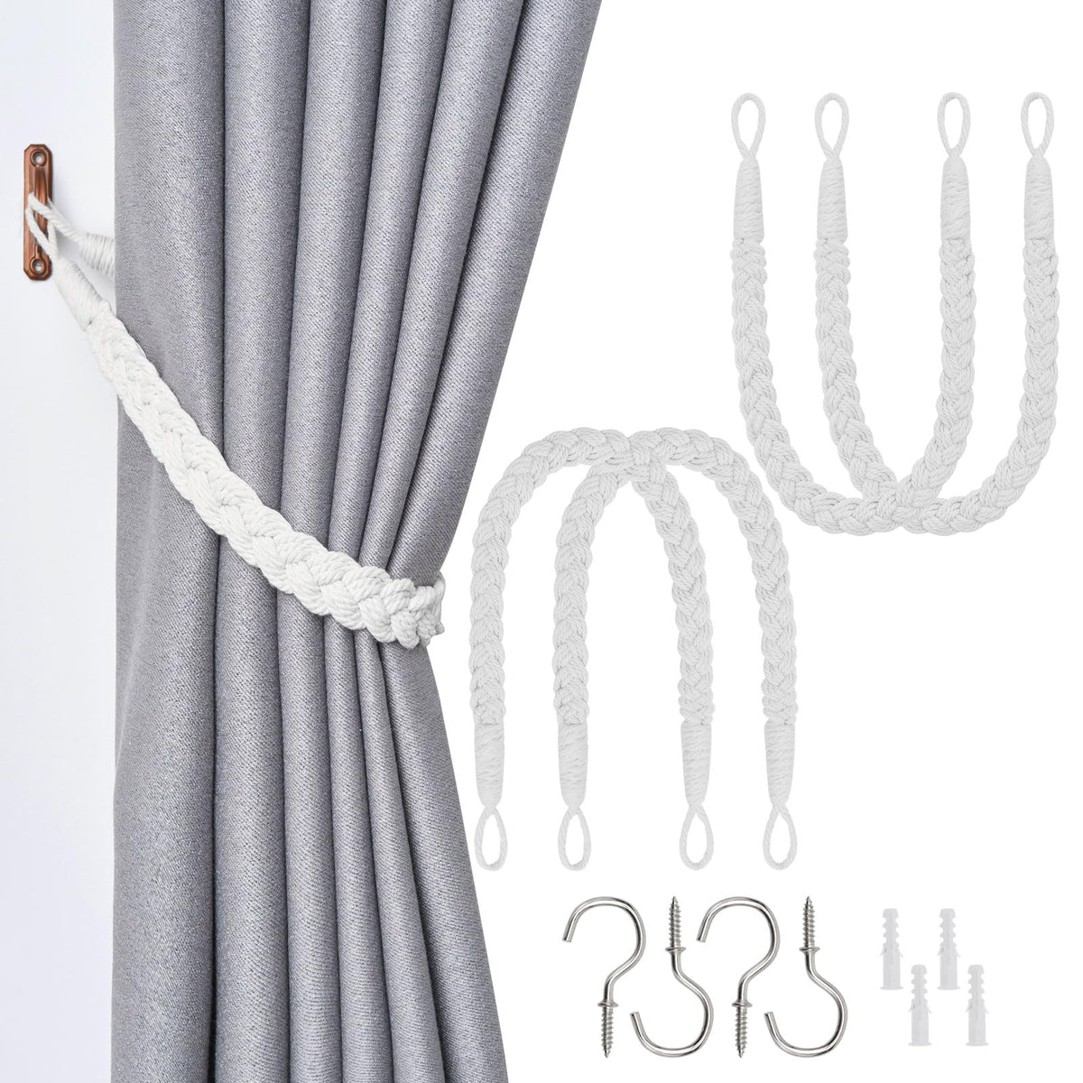 NICEEC 2 Pack Natural Cotton Rope Curtain Tiebacks Elegant Boho Style Decorative Drape Tie Backs Soft Hand-Woven Rope Curtain Holdbacks with Metal Hook for Home & Office Drapery (Coffee)