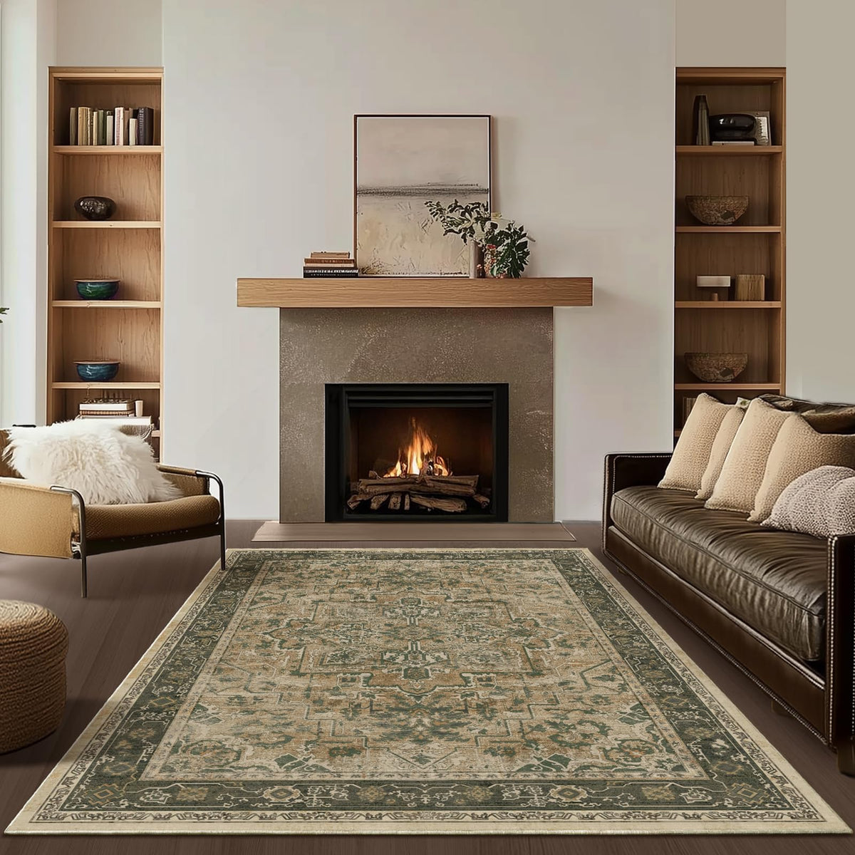 Vintage Distressed 5x7 Area Rugs for Living Room Bedroom Non Slip Washable, Medallion Pattern Printed Low Pile Thin Carpet Rugs for Dining Room/Kitchen/Home Office, Multi Brown Olive Accents