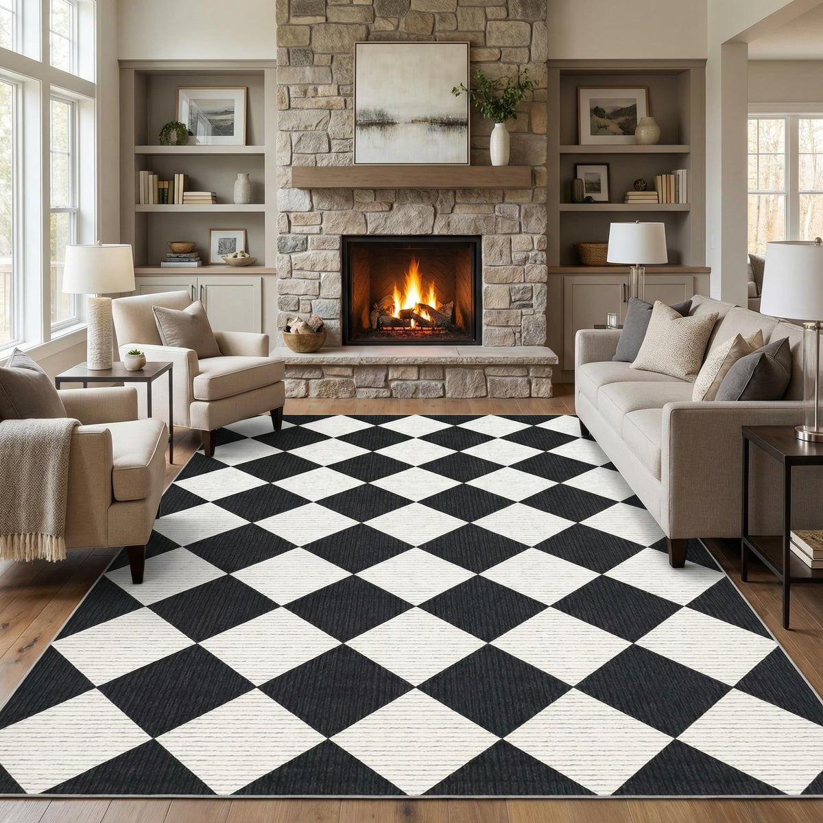 GarveeHome 5x7 Checkered Area Rug Black and Brown Washable Living Room Rug