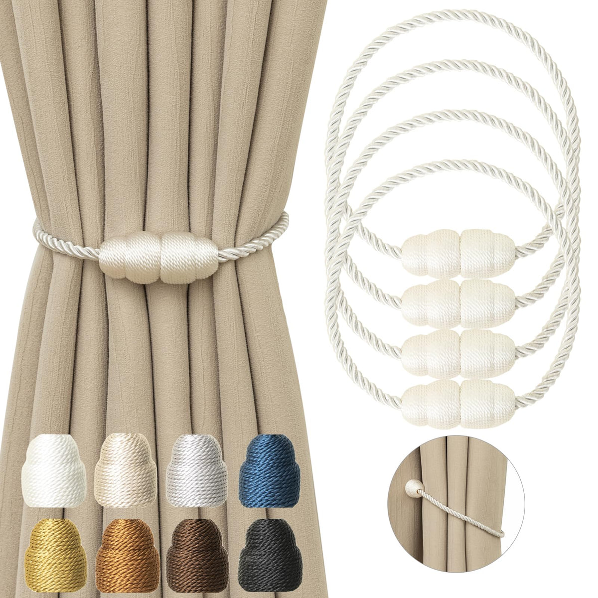Magnetic Curtain Tiebacks Rope Curtain Tie Backs for Curtains 6 Pack Curtain Holders for Drapes Decorative Window Curtain Holdbacks, Gold