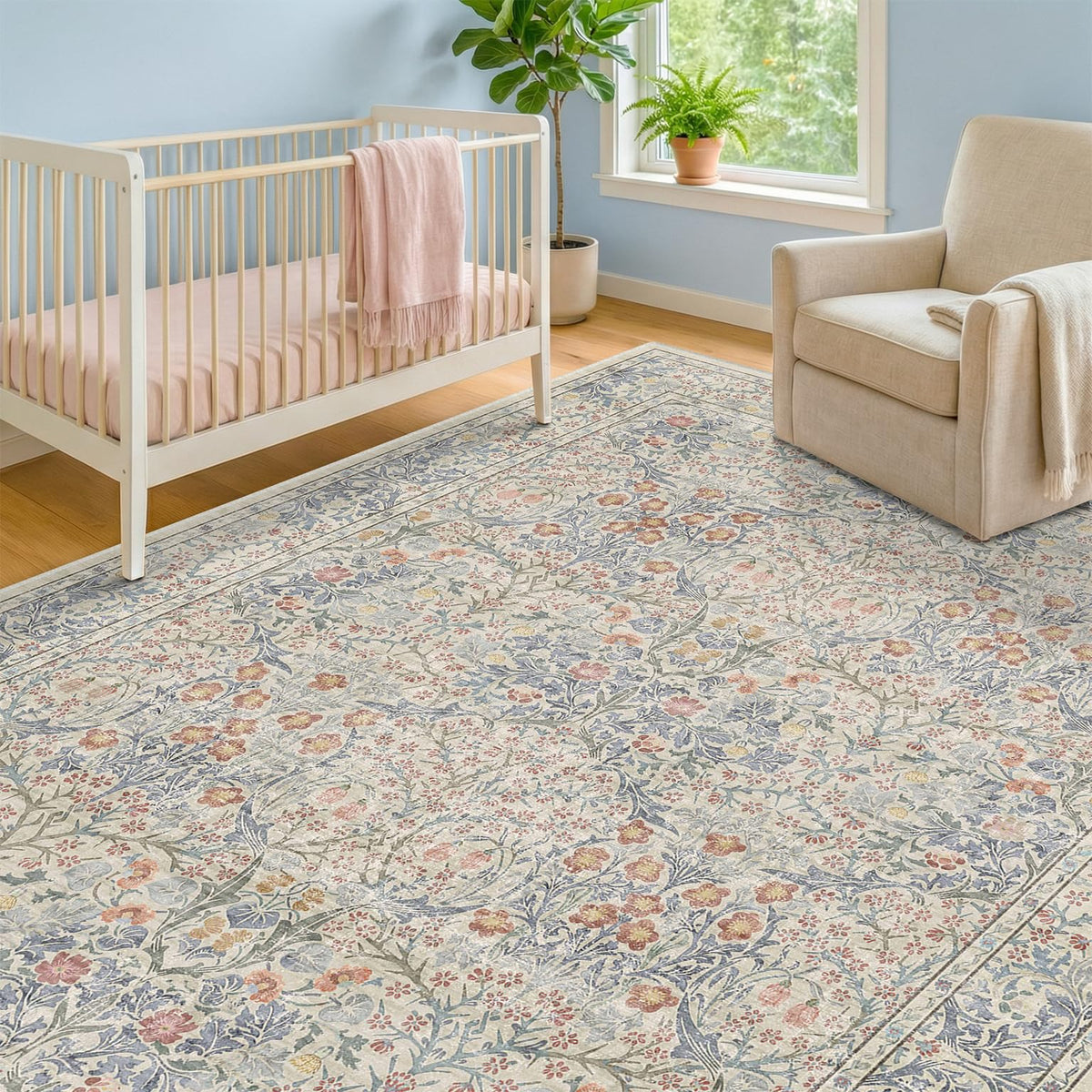 Floral Dark Green Washable Area Rugs 8x10, Vintage Living Room Rug