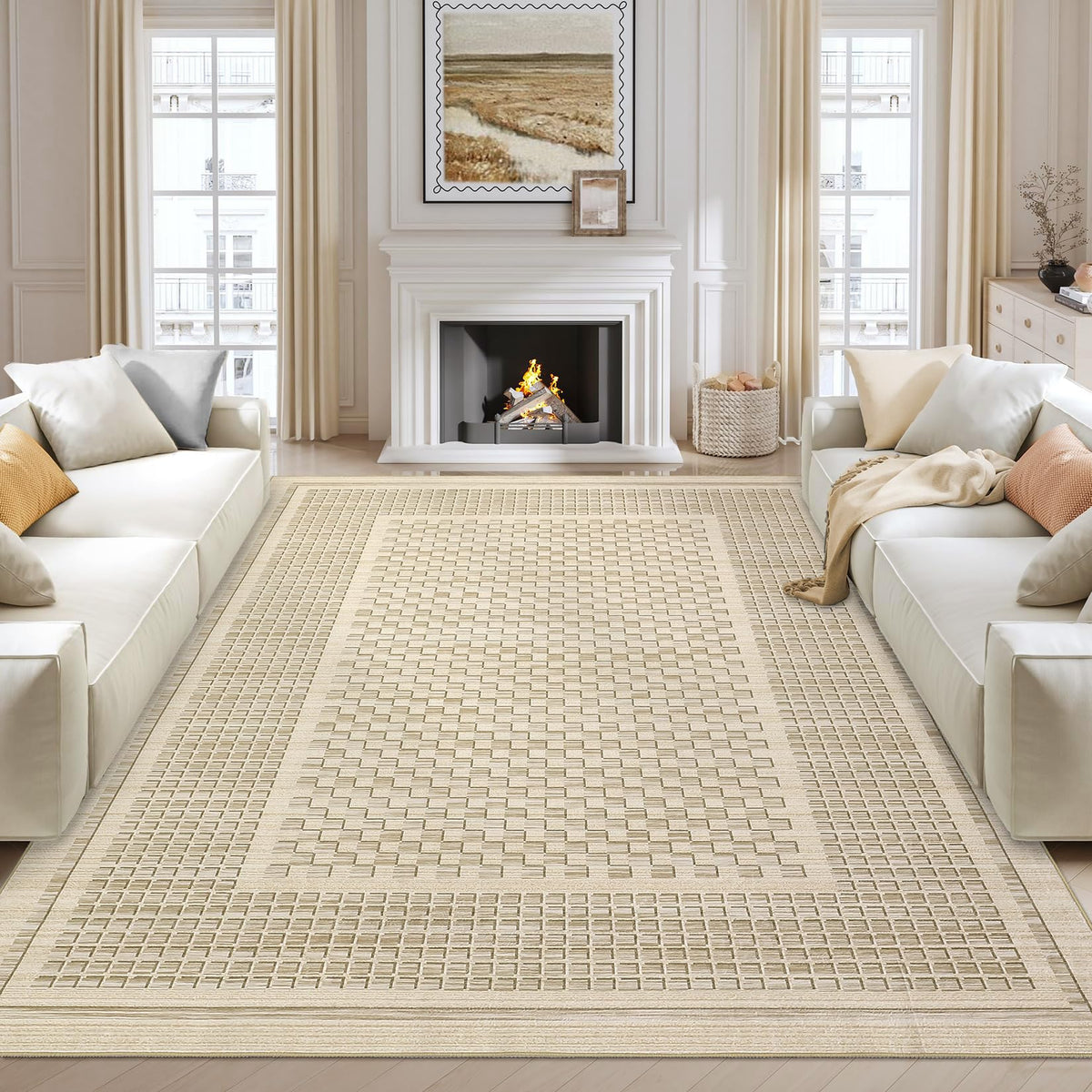 Large Living Room Rugs 8x10 Area Rugs Machine Washable Modern Geometric Neutral Rug Non Slip Low Pile Farmhouse Stain Resistant Carpet for Bedroom Nursery Classroom Dorm 8'x10' Multi