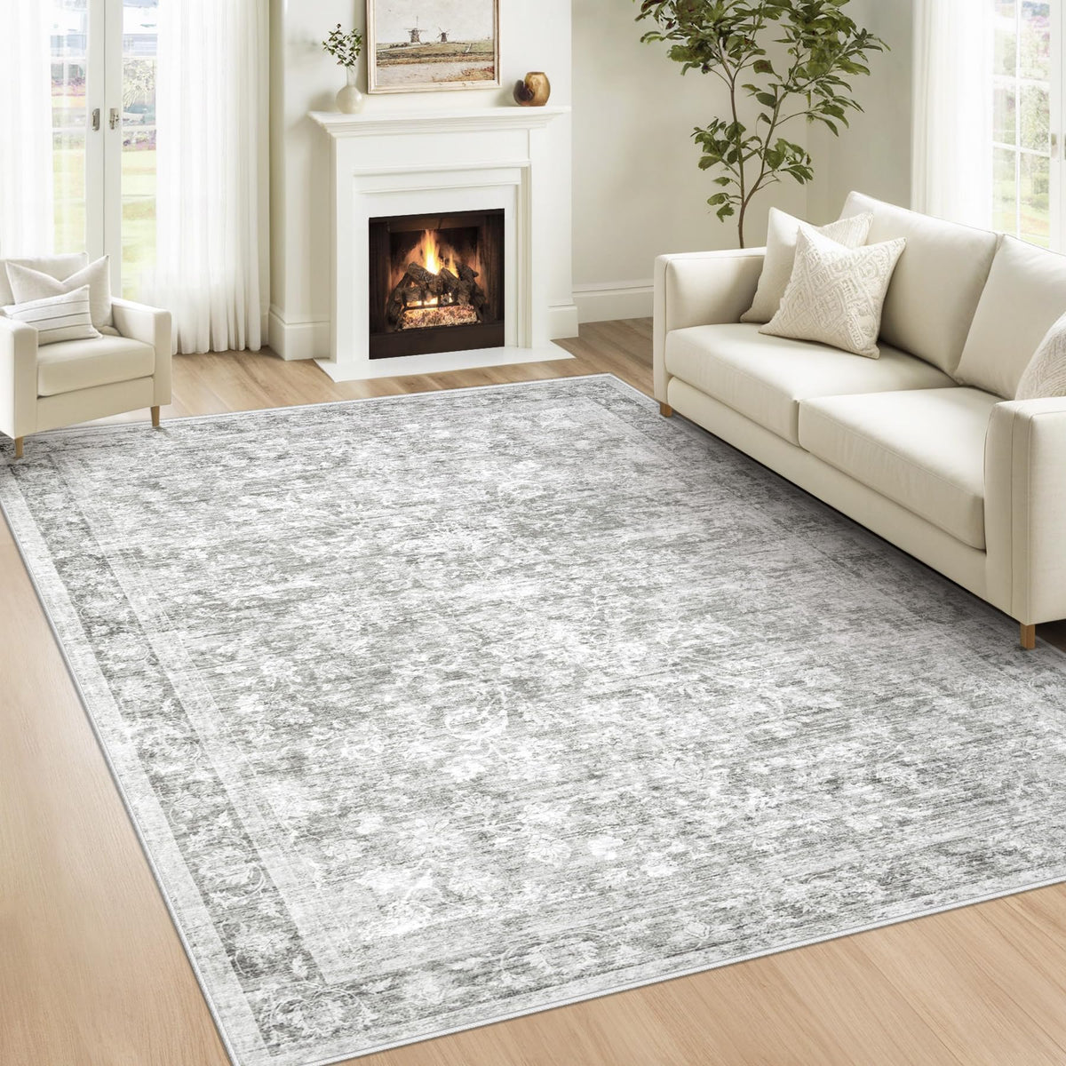 Bedroom Rug Washable Large Area Rugs Foldable Low Pile Print Non Slip Boho Patterned Rugs for Bedroom Living Room Dining Home Office (Floral Beige, 5'x7')