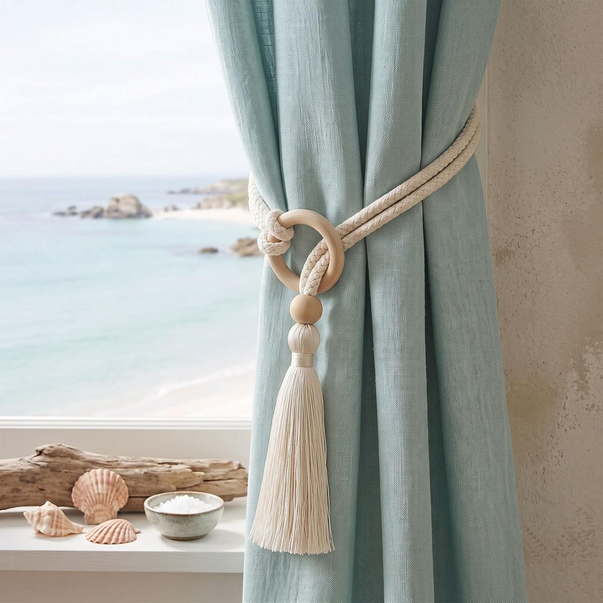 Cotton-Linen Curtain Tiebacks with Tassels (Ivory 4 Pack)