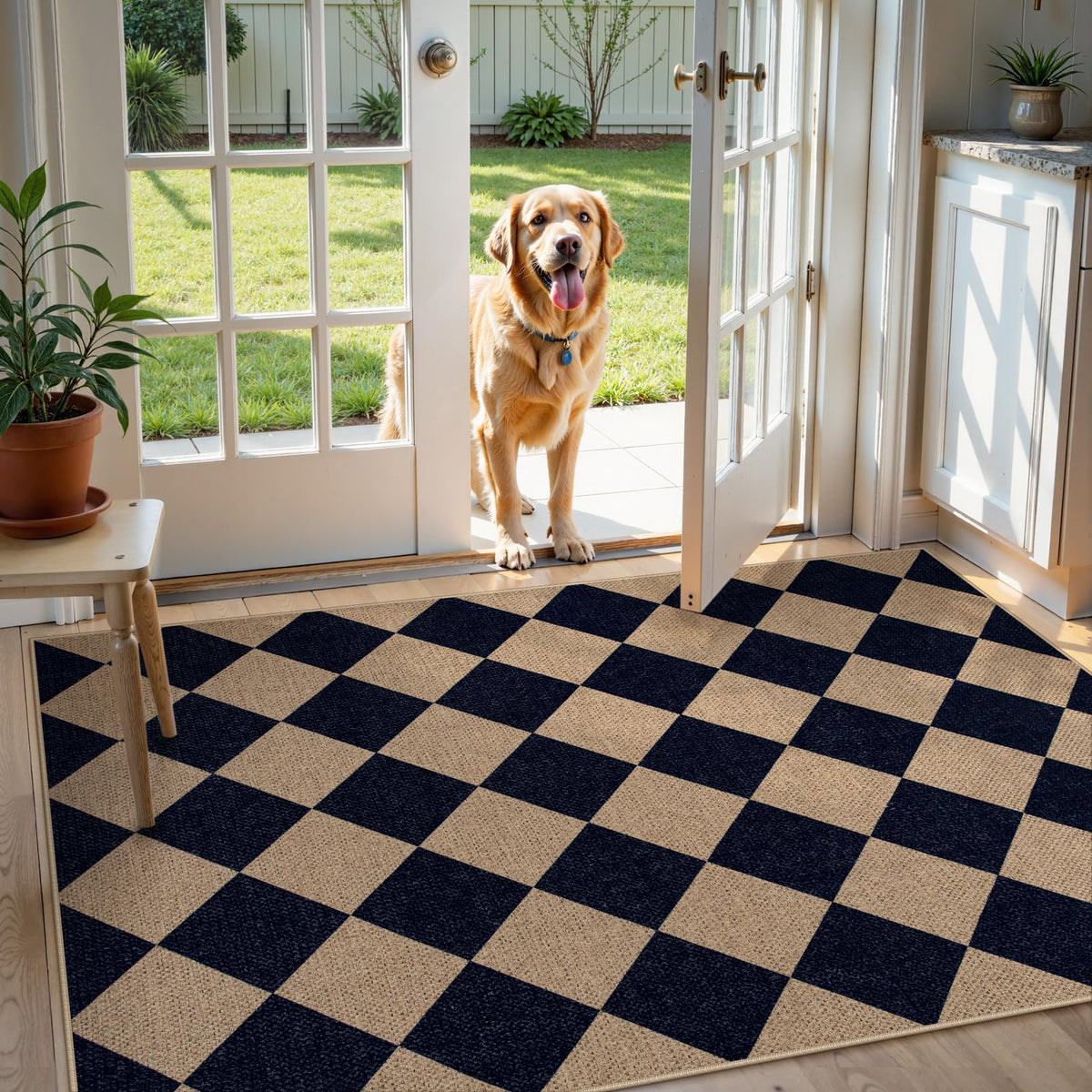 Lahome Checkered Easy Jute 5x7 Area Rugs, Washable Outdoor Patio Rug for Living Room Diamond Indoor Outdoor Carpet, Farmhouse Geometric Non Slip Black Carpet for Backyard Dining Room