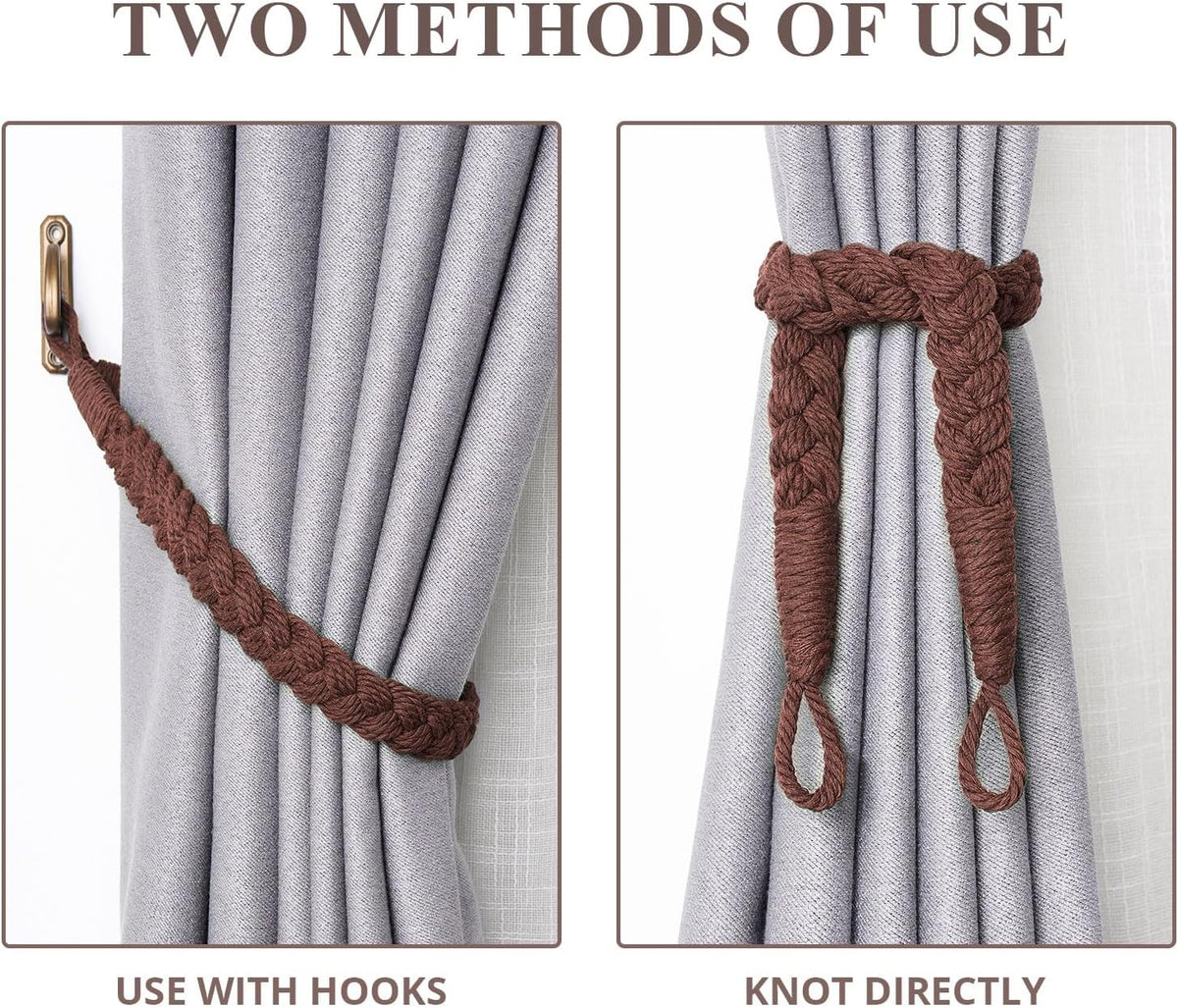 NICEEC 2 Pack Natural Cotton Rope Curtain Tiebacks Elegant Boho Style Decorative Drape Tie Backs Soft Hand-Woven Rope Curtain Holdbacks with Metal Hook for Home & Office Drapery (Coffee)