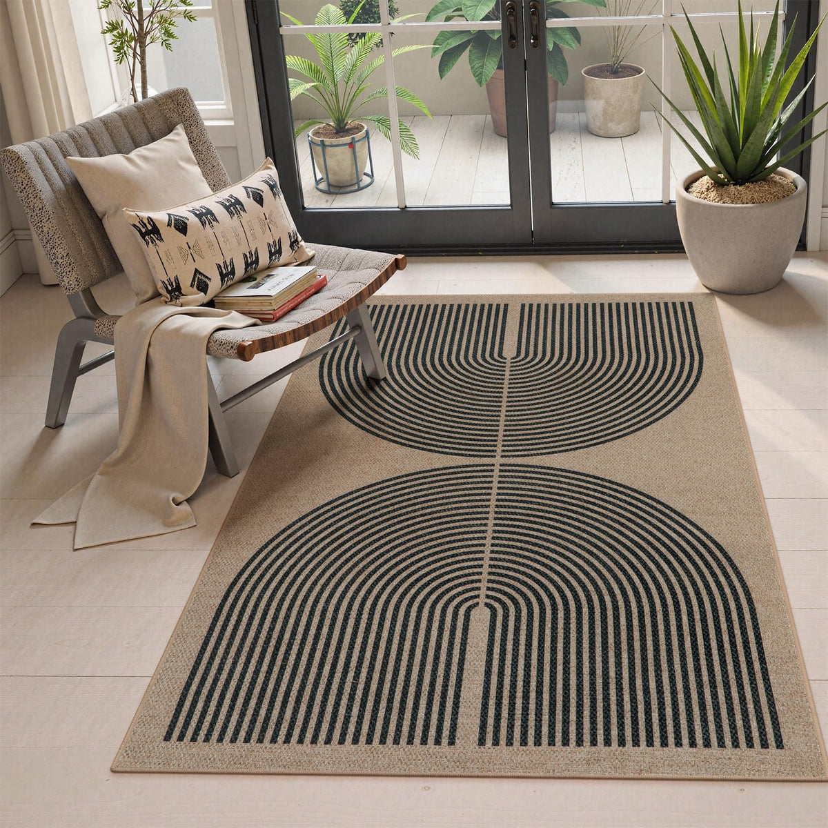 Lahome Modern Rainbow Easy Jute Carpet, Washable 5x7 Area Rugs for Living Room Patio Black Farmhouse Indoor Outdoor Rugs, Contemporary Natural Non Slip Floor Carpet for Office RV Backyard