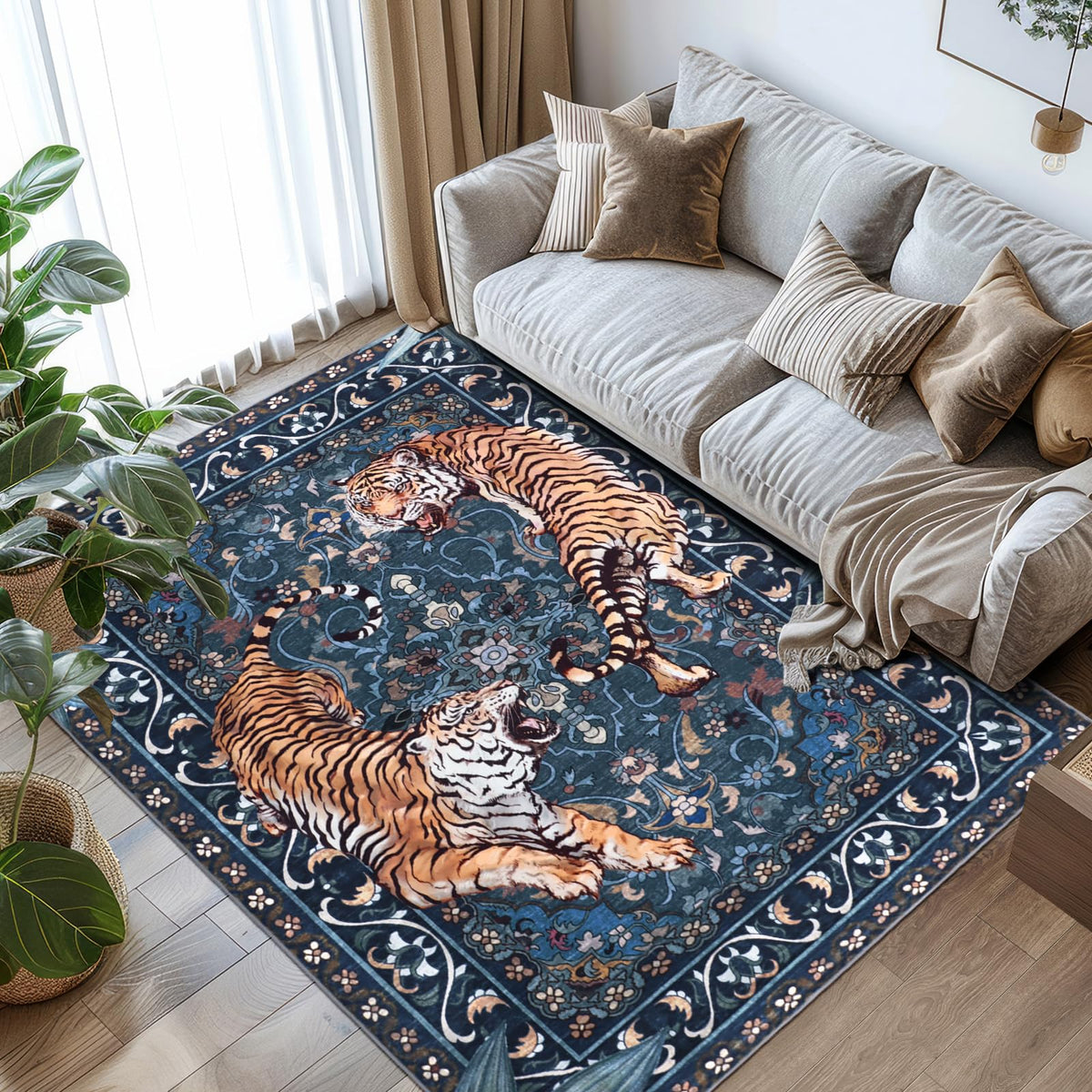 Tiger Round Area Rugs for Living Room 6ft, Boho Green Animal Print Bedroom Circle Rugs Non Slip, Washable Botanical Jungle Floor Carpet for Dining Room Entryway Nursery Playroom Office Spring