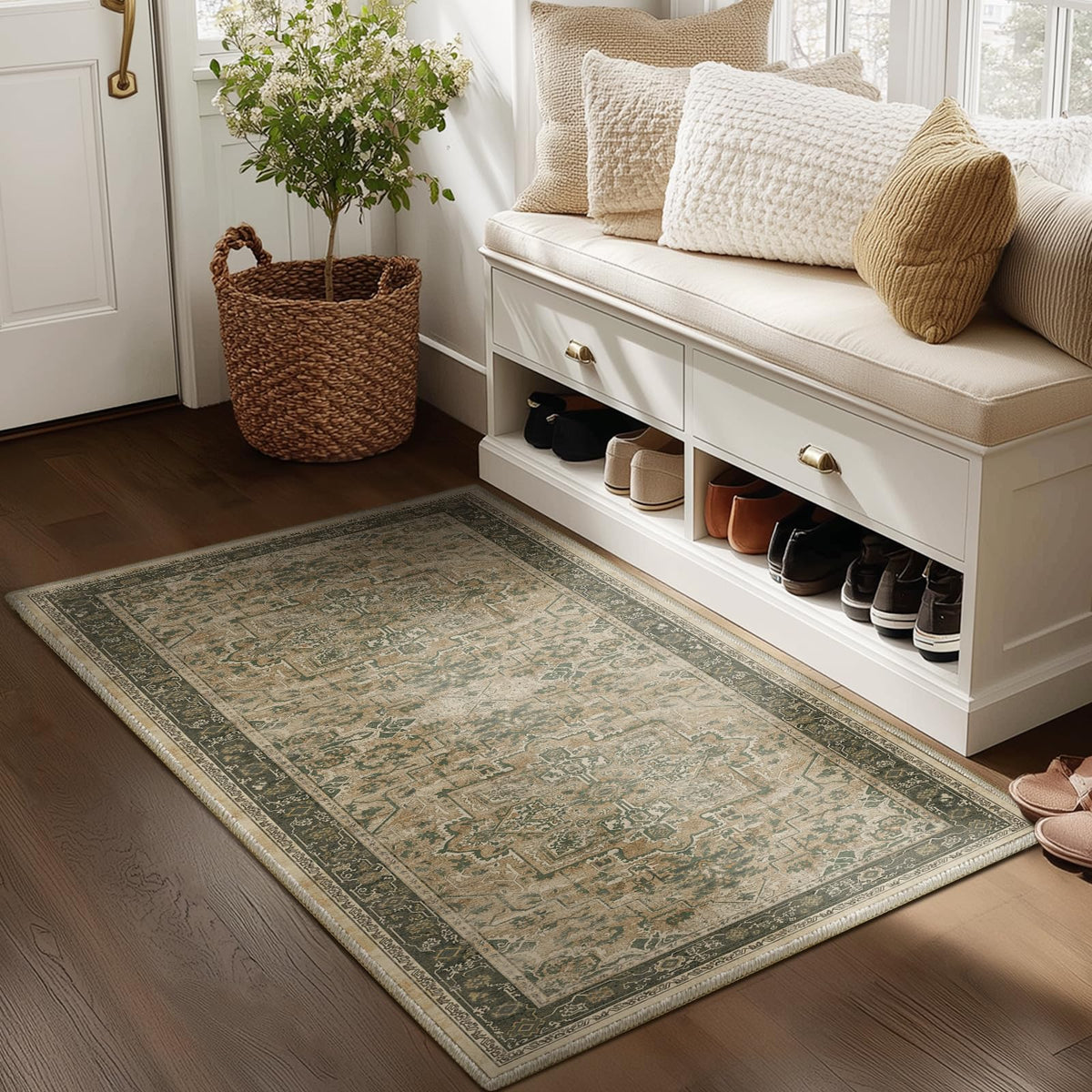 Vintage Distressed 5x7 Area Rugs for Living Room Bedroom Non Slip Washable, Medallion Pattern Printed Low Pile Thin Carpet Rugs for Dining Room/Kitchen/Home Office, Multi Brown Olive Accents