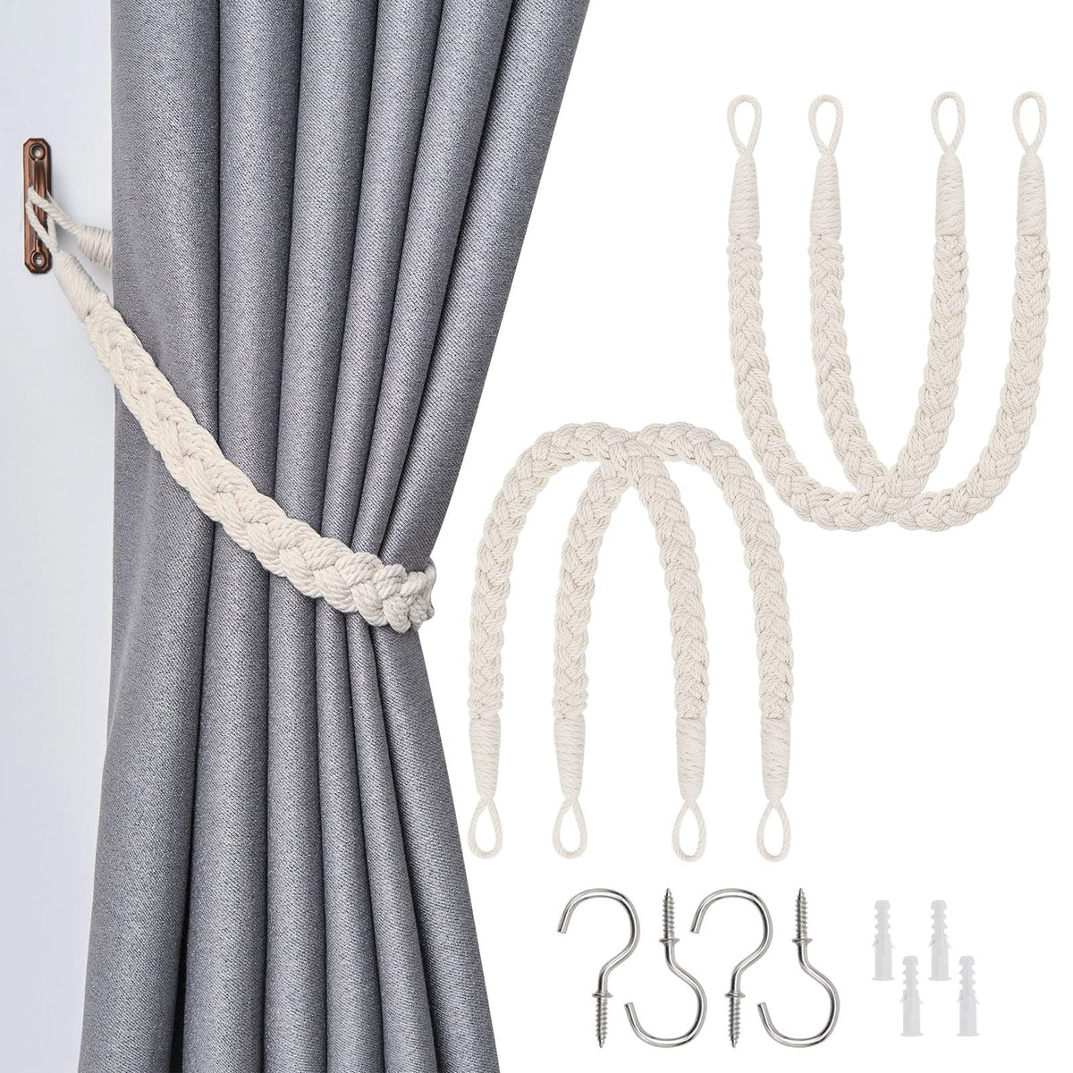 NICEEC 2 Pack Natural Cotton Rope Curtain Tiebacks Elegant Boho Style Decorative Drape Tie Backs Soft Hand-Woven Rope Curtain Holdbacks with Metal Hook for Home & Office Drapery (Coffee)