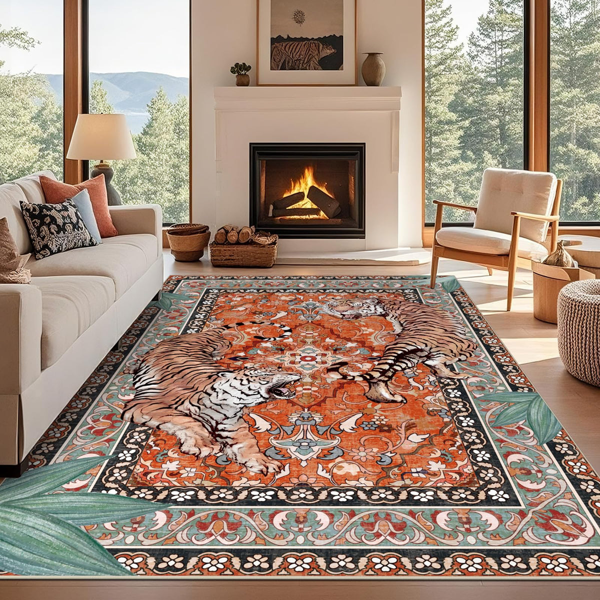 Tiger Round Area Rugs for Living Room 6ft, Boho Green Animal Print Bedroom Circle Rugs Non Slip, Washable Botanical Jungle Floor Carpet for Dining Room Entryway Nursery Playroom Office Spring